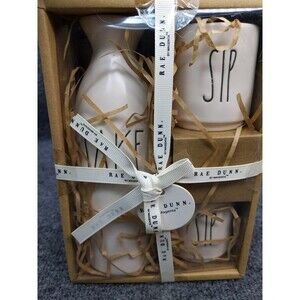 Rae Dunn Artisan Collection by Magenta Sake Set - Pitcher & 2 Cups - White - NEW